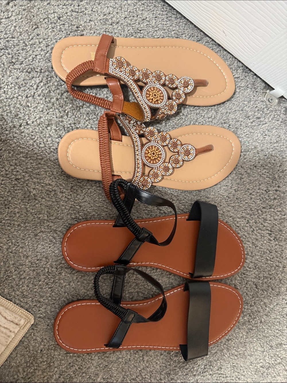Women's Brown Beaded T-Strap Sandals - Elegant Summer Flats